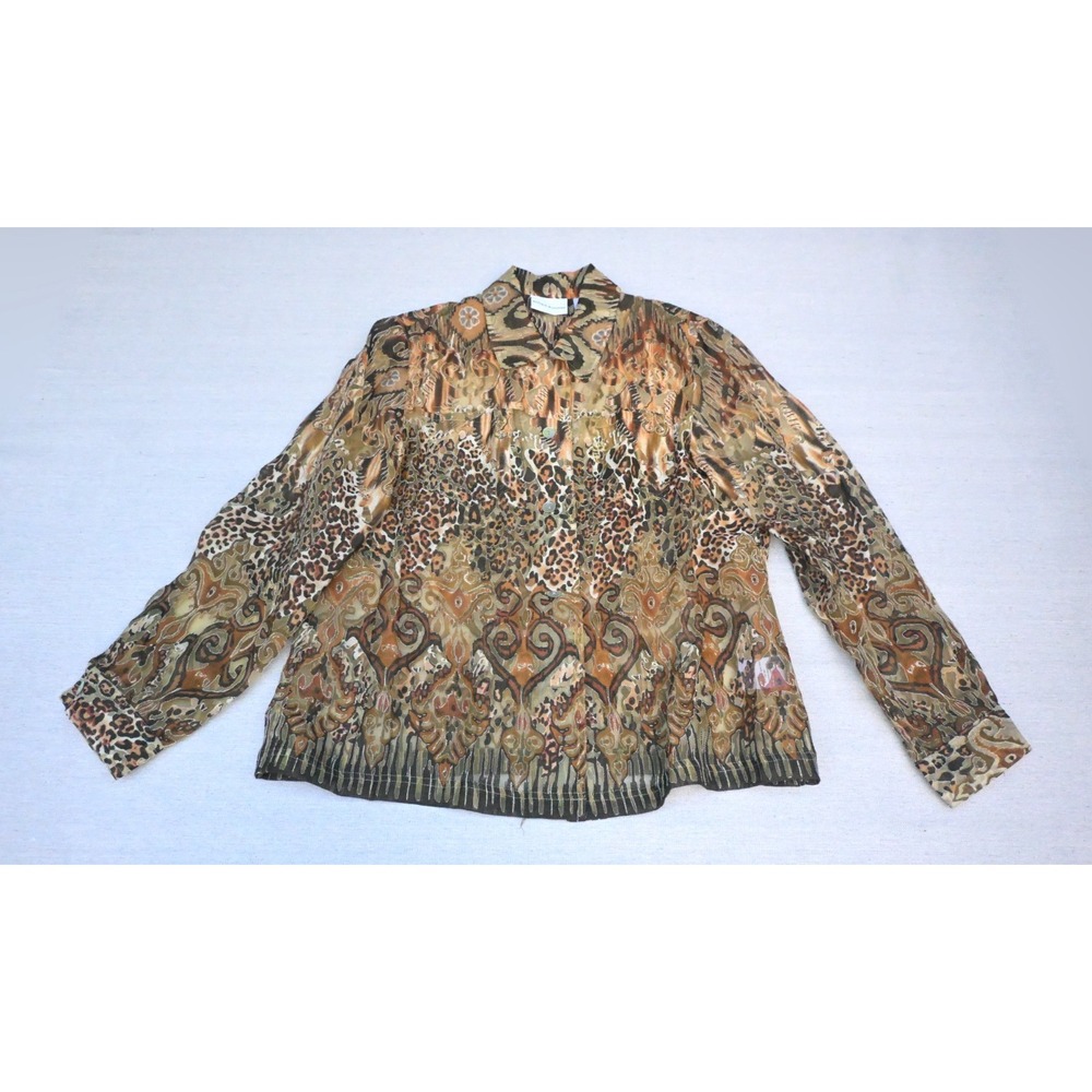 Alfred Dunner Womens 12 Sheer Leopard Ikat Print Button Up Blouse Brown Rust